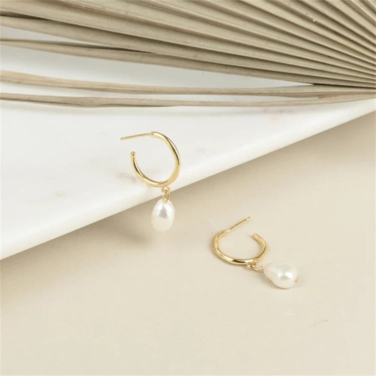 Freshwater Pearl Drop Hoop Earrings