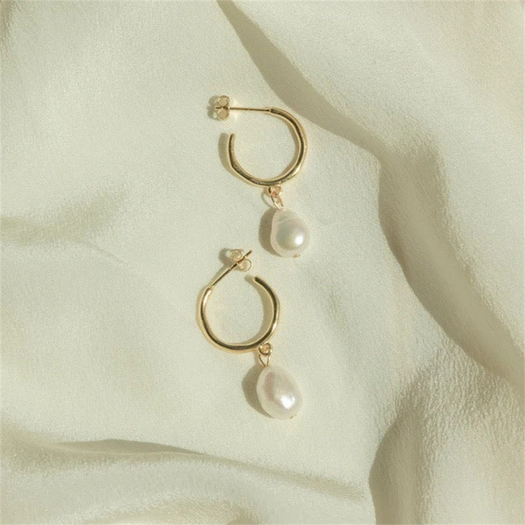 Freshwater Pearl Drop Hoop Earrings